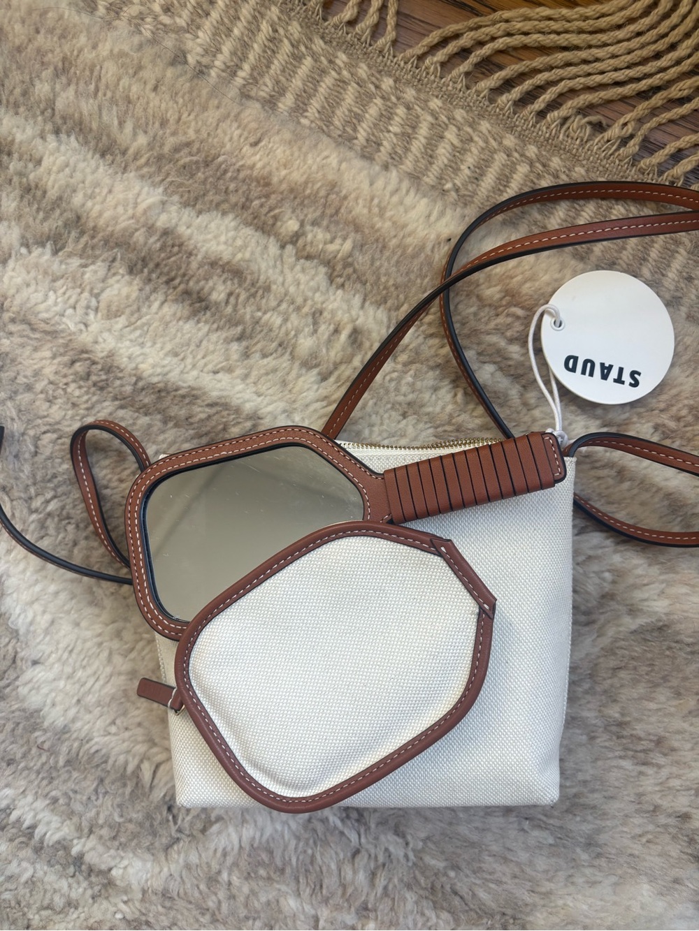 STAUD Cream Canvas Crossbody with Brown Leather Trim and Mirror Pouch